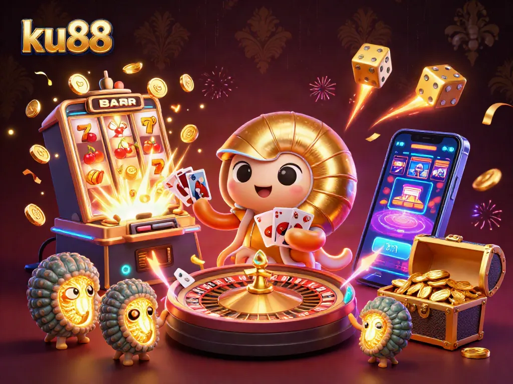 ku88 and ancient nautilus explore a vibrant casino world with glowing cards and gold treasures