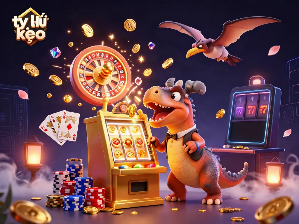 Experience tỷ lệ kèo live as a cartoon dinosaur celebrates jackpot wins at the casino.