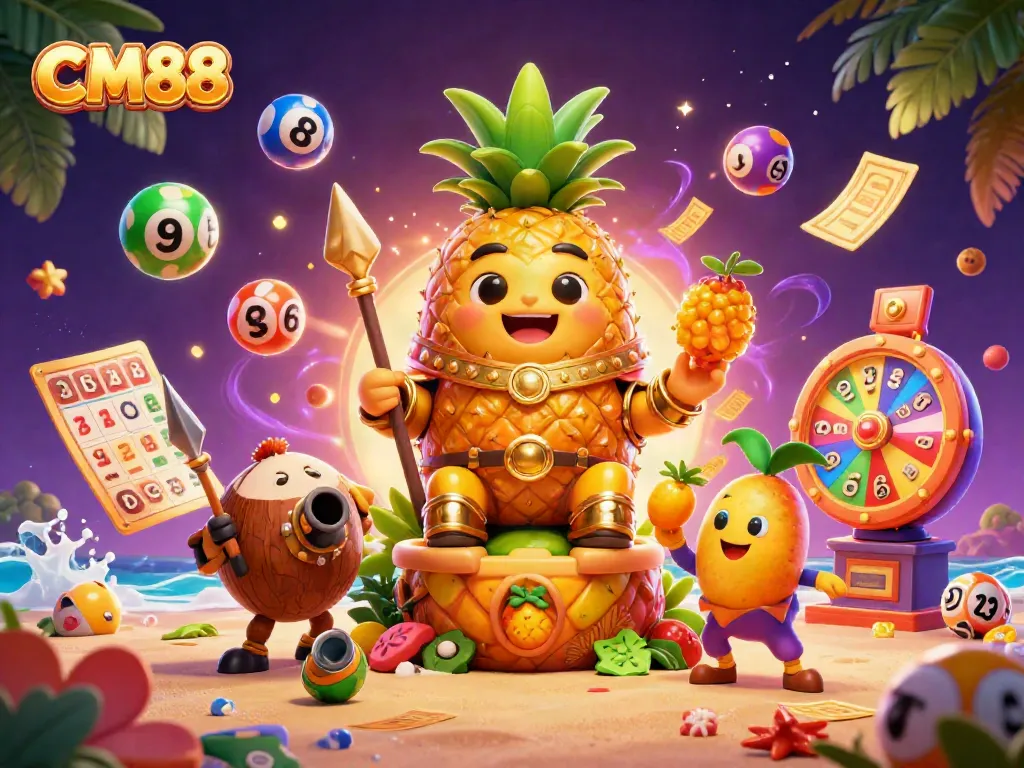 Engage with CM88's vibrant beach casino scene featuring a golden pineapple king, lottery elements, and a dynamic atmosphere.