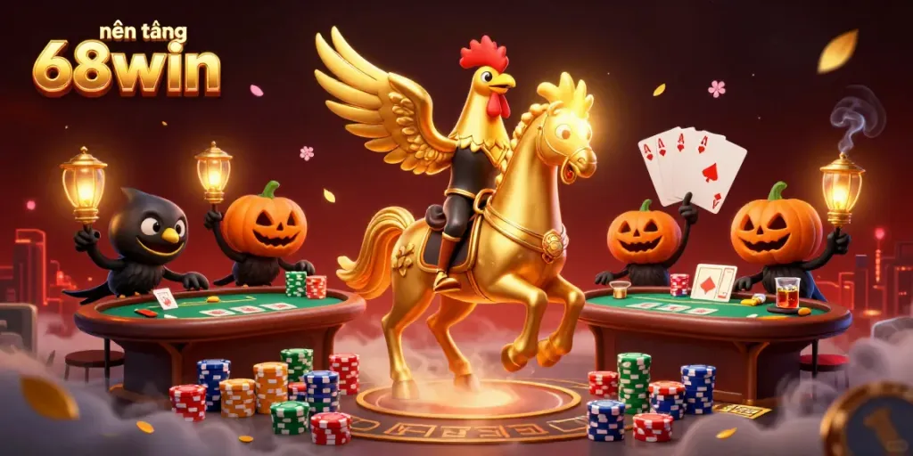 Experience the excitement of nền tảng 68win in an ultra-detailed casino scene with a golden rooster and friends.
