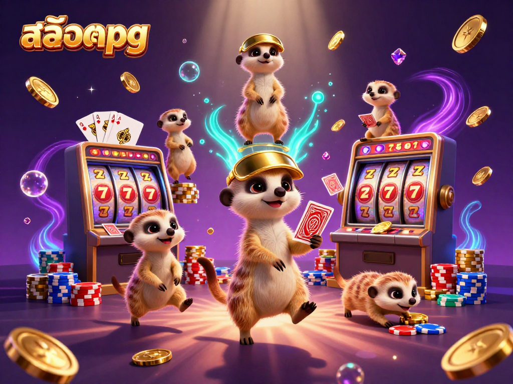 Experience สล็อตpg with playful meerkats in a vibrant casino scene full of excitement and treasures.