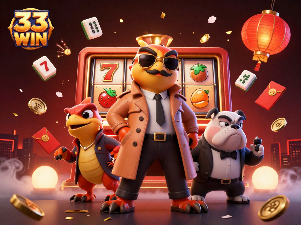Experience thrilling wins at 33 WIN with raptors and exciting casino elements in vibrant illustration.