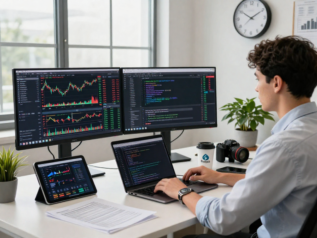 Data analyst using HK stock fundamental data API in a modern office filled with stock market screens and analytical tools.