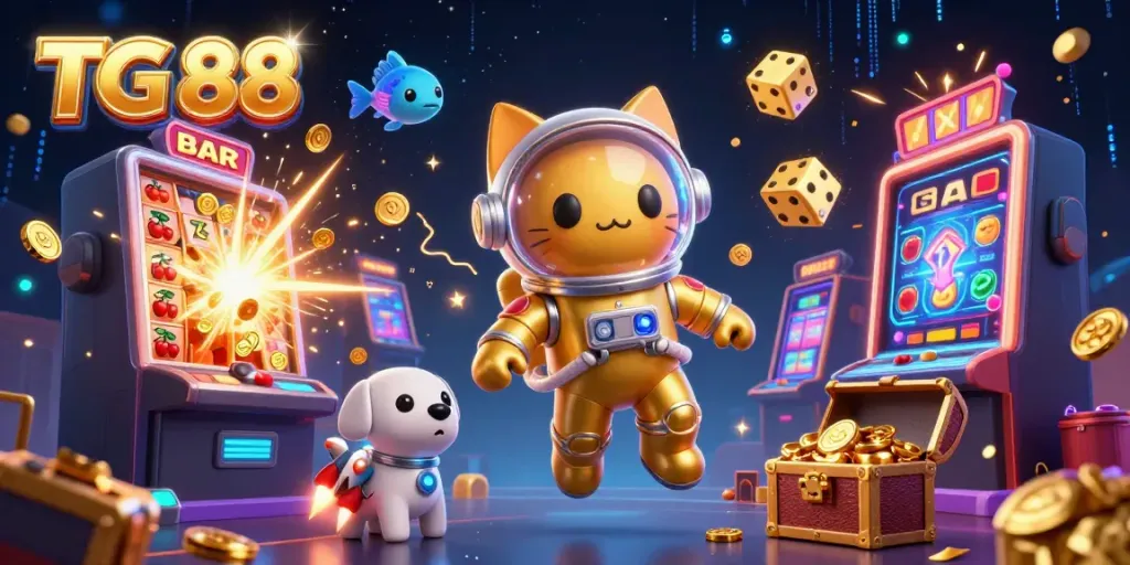 Experience the thrilling world of TG 88 with a space-themed casino illustration showcasing vibrant games and jackpot excitement.