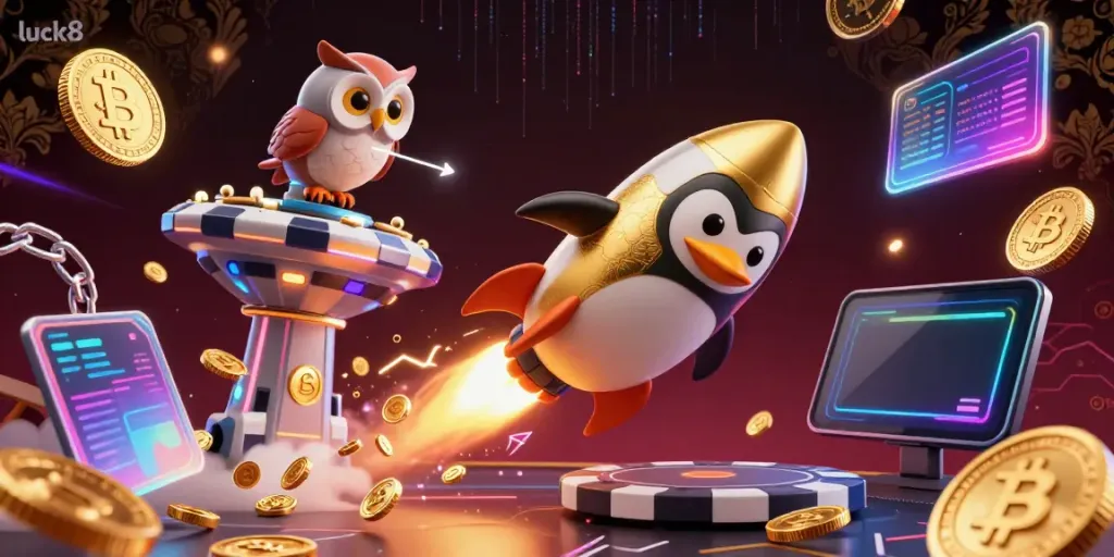 Enjoy the luck8 gaming adventure with a golden penguin heading toward a casino-themed space in a vibrant illustration.