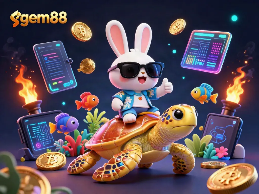 Engaging gem88 casino scene featuring playful rabbit and golden turtle with crypto elements.
