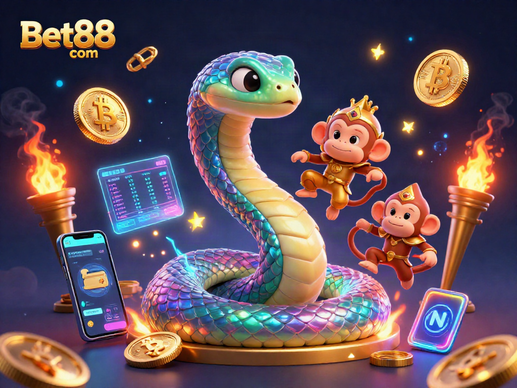 Engage with Bet88 com's vibrant gaming world featuring a colorful rainbow serpent and playful elements.