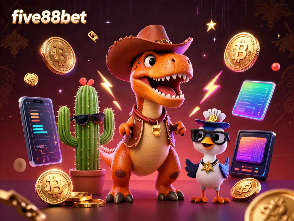 Experience the excitement of five88bet with a T-Rex cowboy and vibrant casino elements.