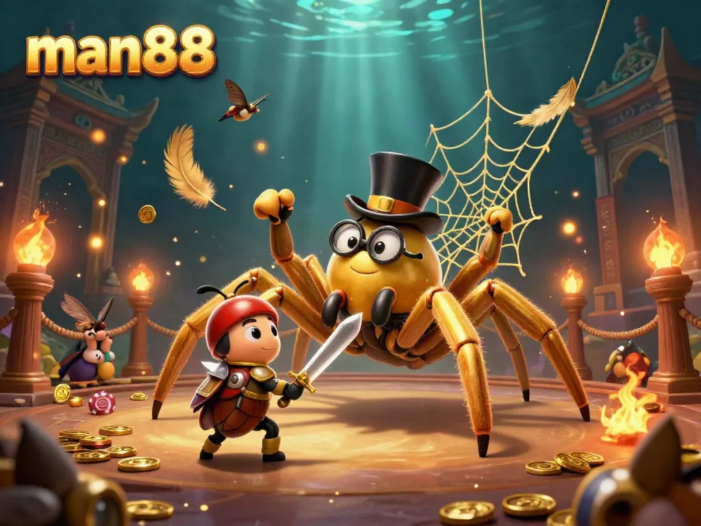 Engage with thrilling gameplay at man88, featuring a giant golden tarantula weaving a web among casino pillars.